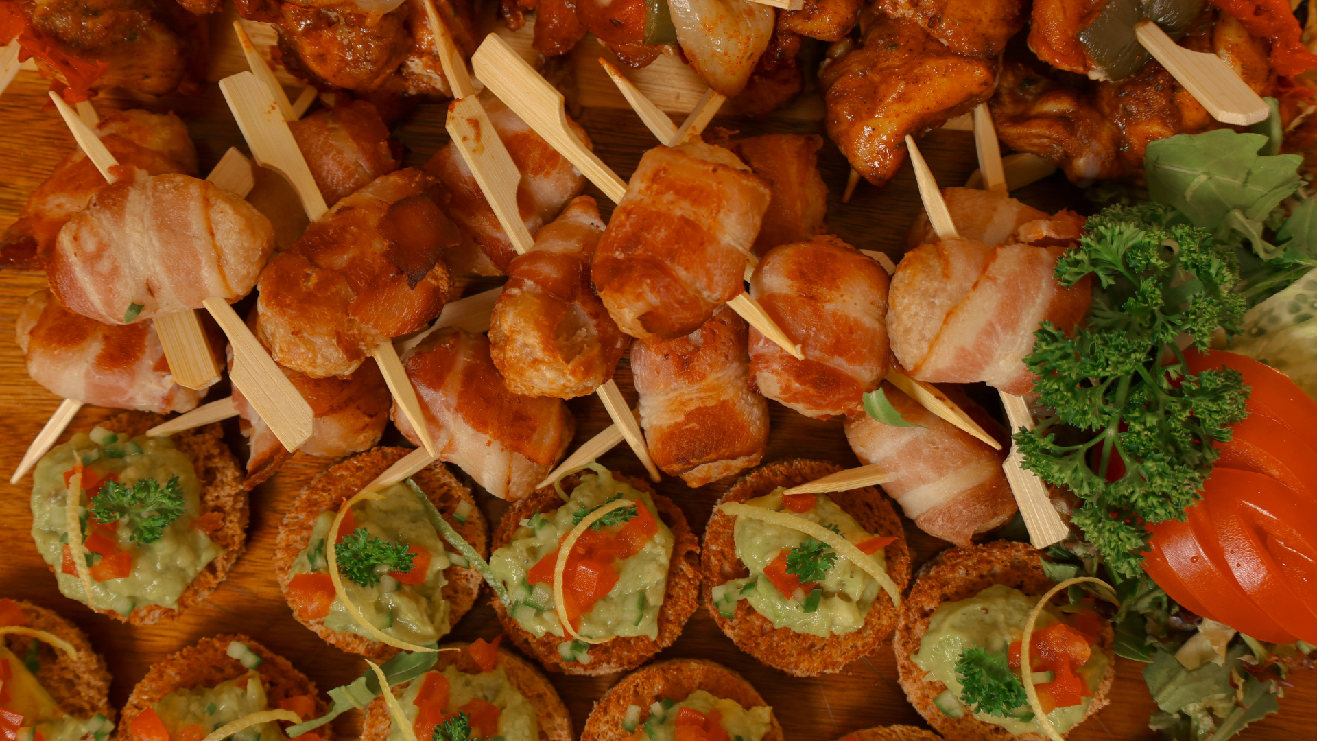 close up of Christmas nibbles including pigs in blankets